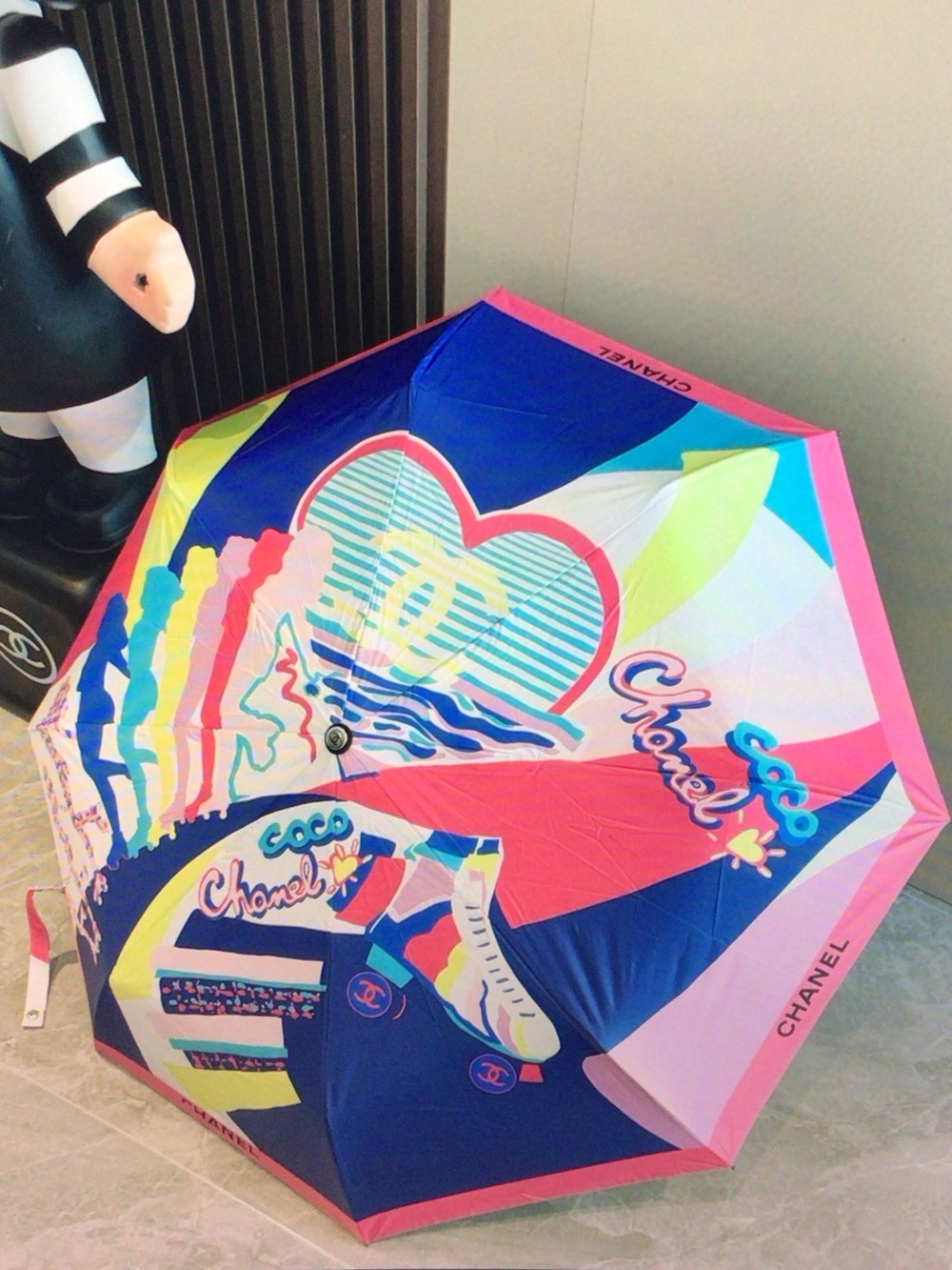CHANEL Pink, Blue & Yellow Graphic Coco Heart Umbrella